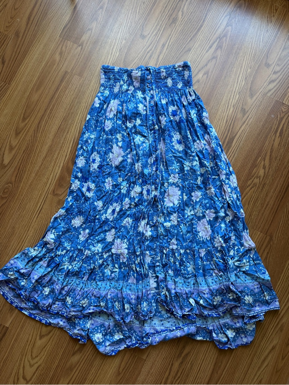 Sea Lustre Blue Floral Smocked High Low Maxi Skirt One Size